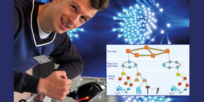 Elements of High Frequency Technology in the background and a smiling person in front.